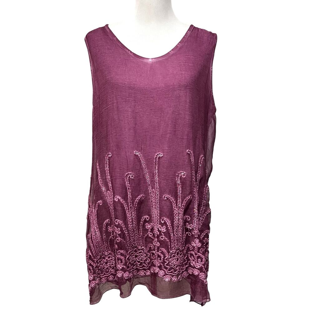 Soft Surroundings Silk Tunic Tank Large Purple Embroidered Lace Boho Flowy Top